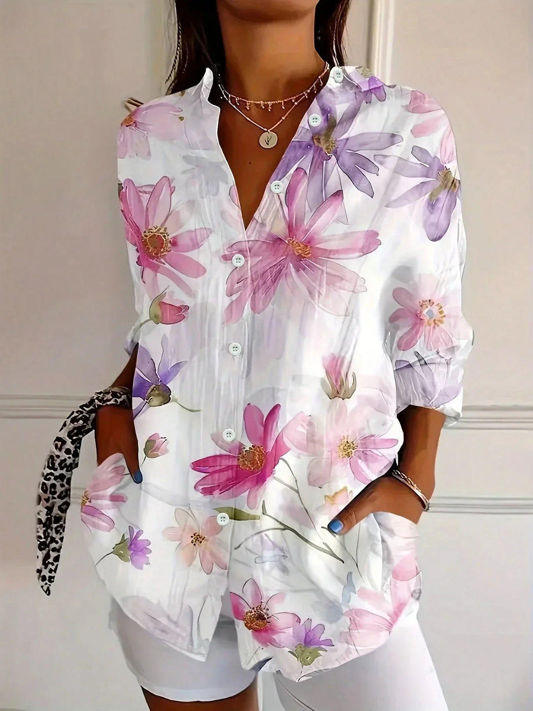Wisteria │ Women's Abstract Floral Print Button Front Blouse With Long Sleeves