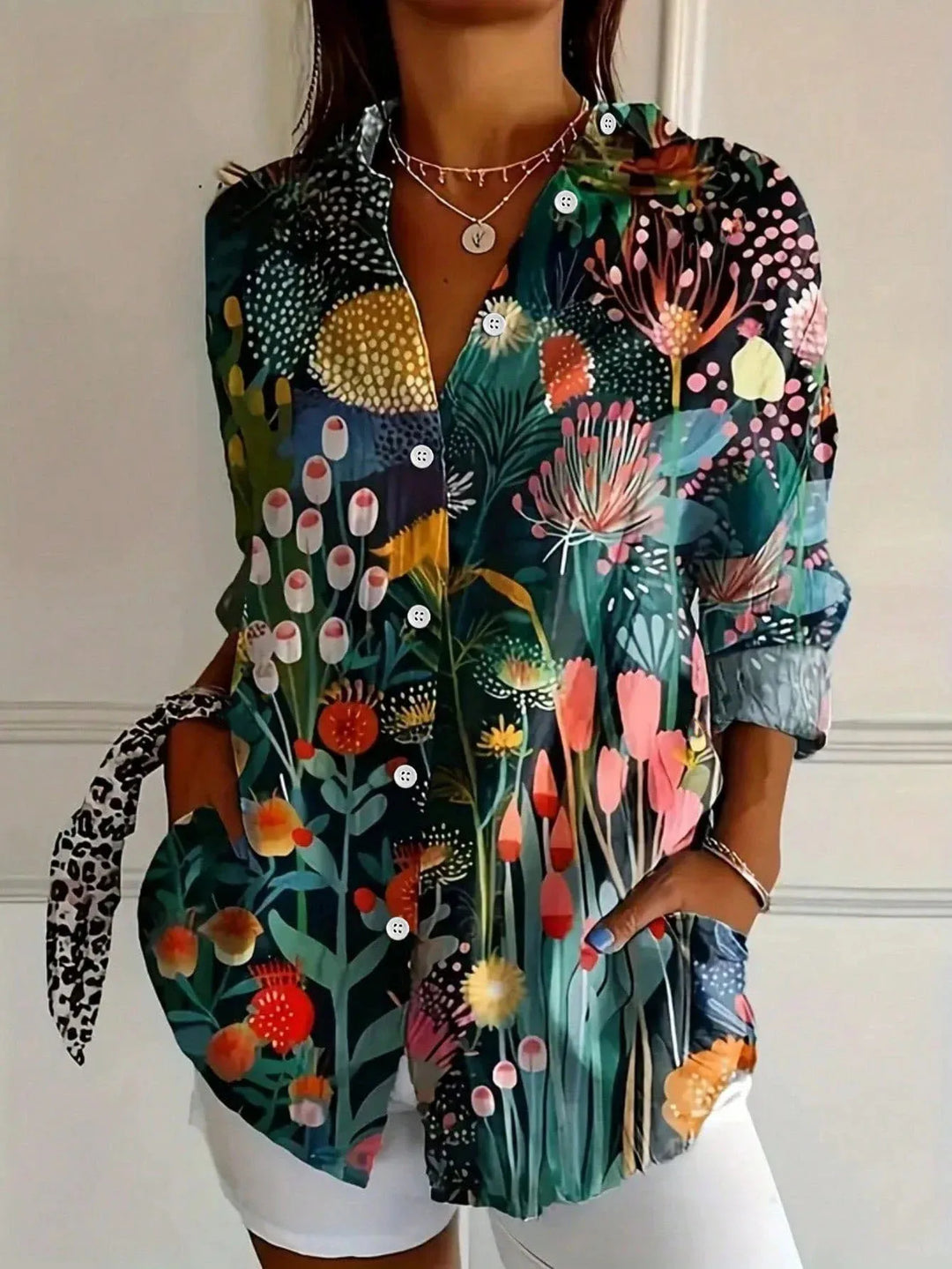 Wisteria │ Women's Abstract Floral Print Button Front Blouse With Long Sleeves
