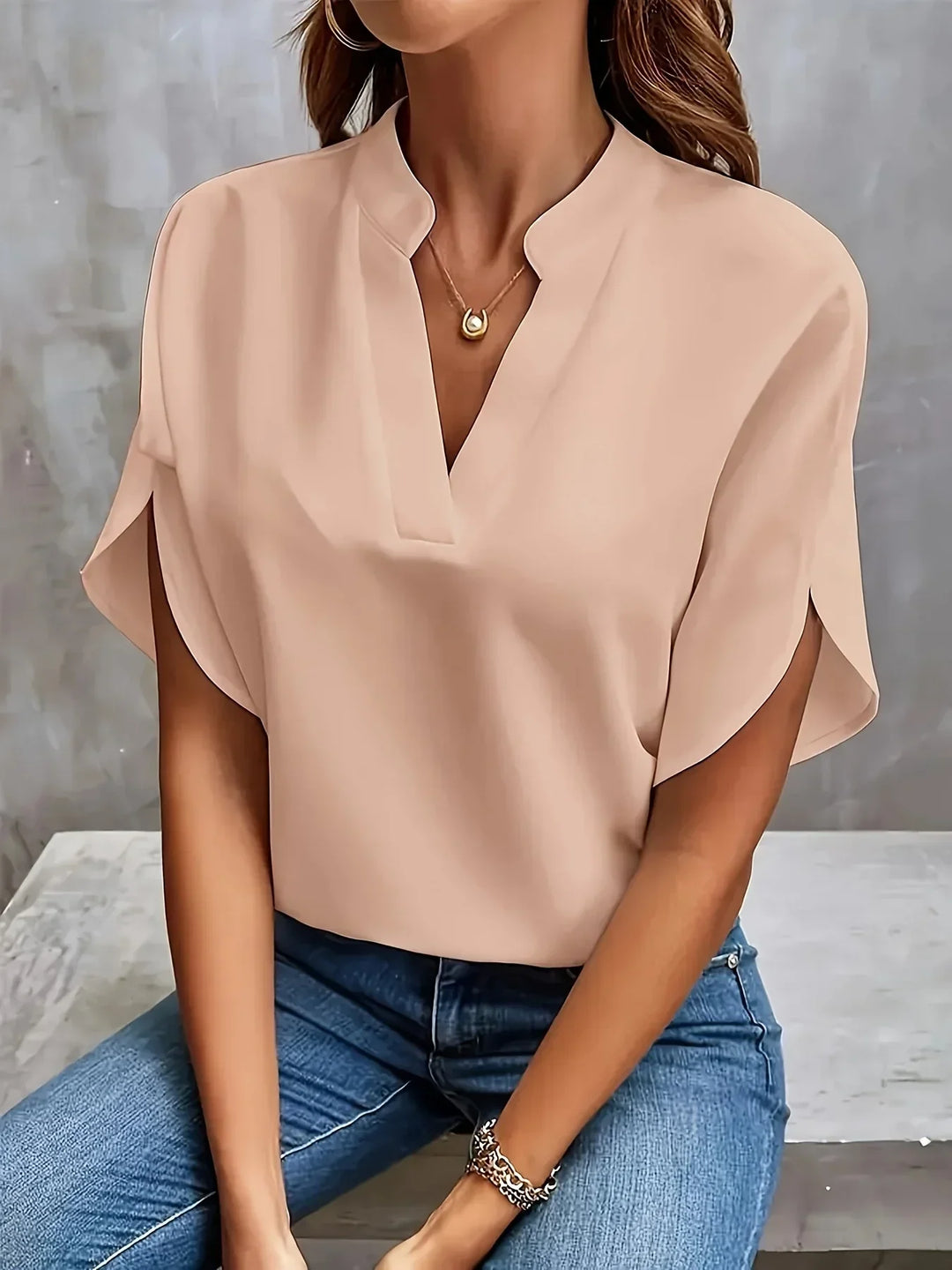 Theresa │ Women's Split Sleeve V-Neck Short Sleeve Blouse