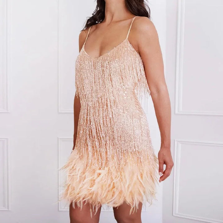 Seraphine │ Women's Sequin Fringe Mini Dress With Feather Hem And Spaghetti Straps