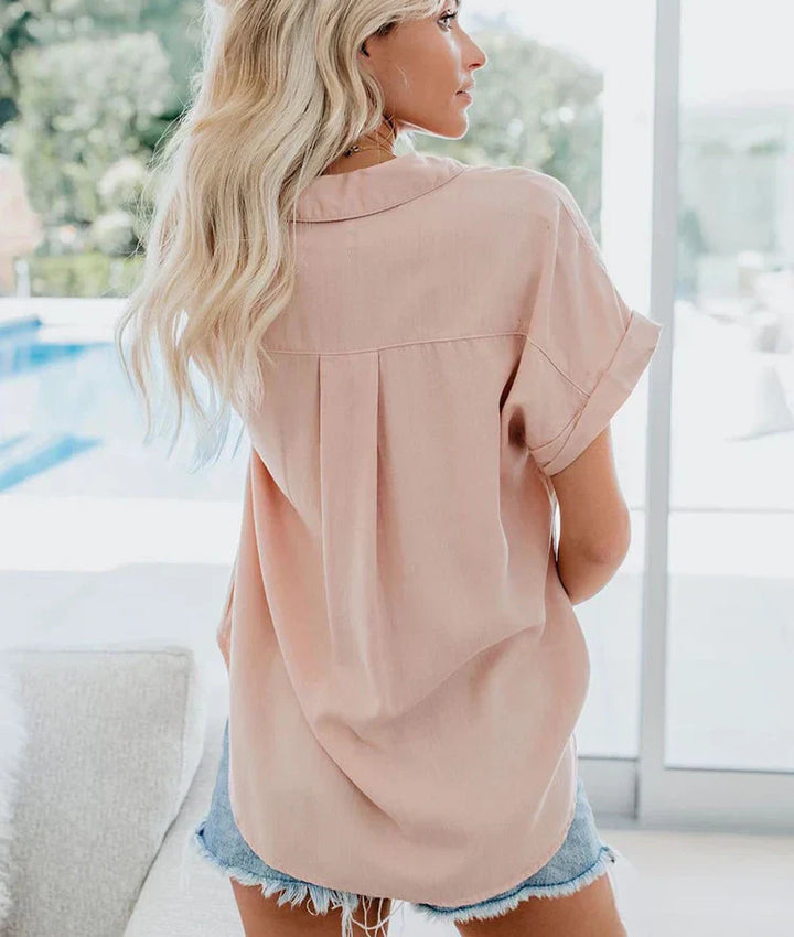 Vera │ Women's Short Sleeve Shirt Collar Button Front Blouse With Chest Pocket