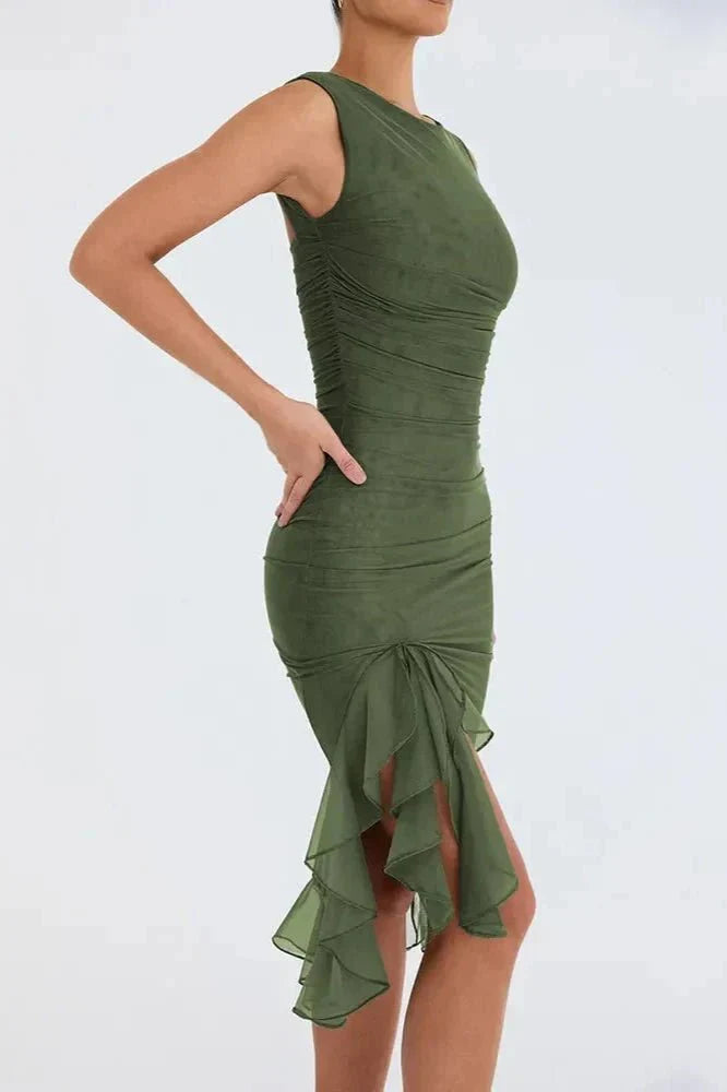 Rosalind │ Women's Ruched Sleeveless Midi Wedding Guest Dress
