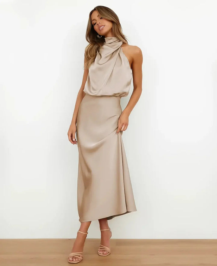 Thessaly │ Women's Satin Halter Neck Draped Midi Dress With Open Back