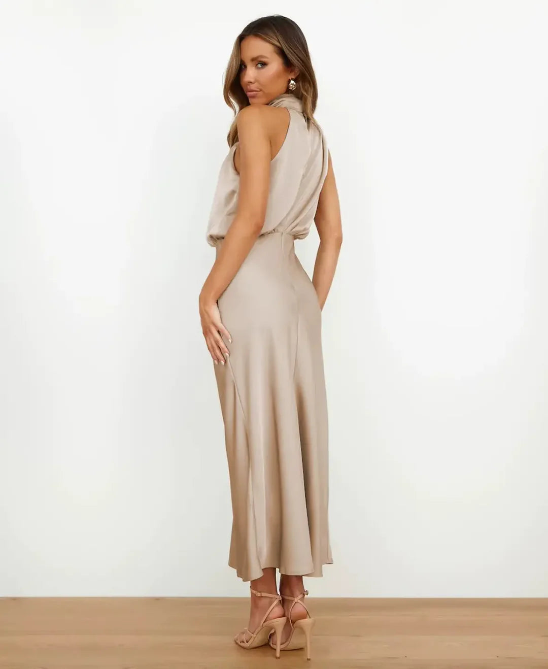 Thessaly │ Women's Satin Halter Neck Draped Midi Dress With Open Back