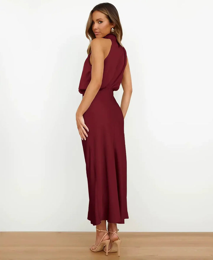 Thessaly │ Women's Satin Halter Neck Draped Midi Dress With Open Back