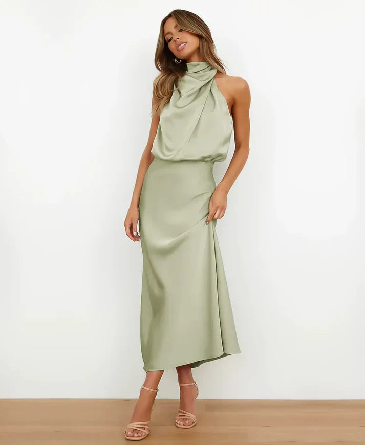 Thessaly │ Women's Satin Halter Neck Draped Midi Dress With Open Back