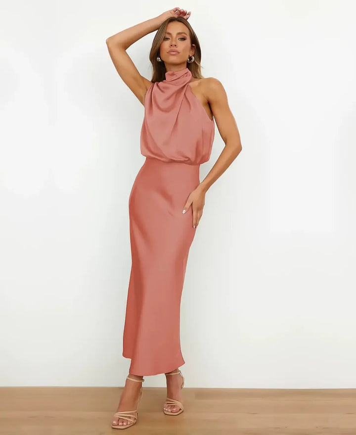 Thessaly │ Women's Satin Halter Neck Draped Midi Dress With Open Back