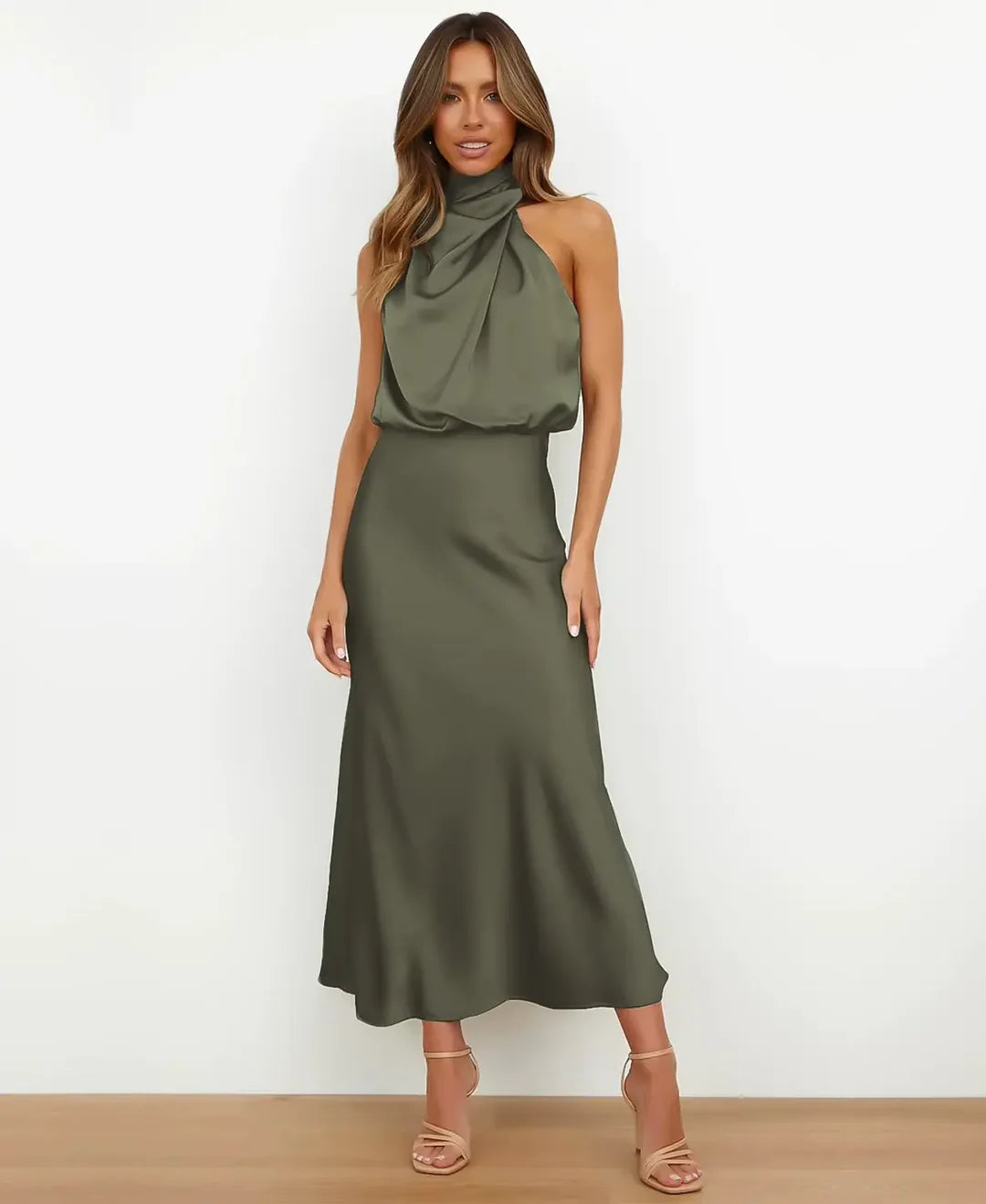 Thessaly │ Women's Satin Halter Neck Draped Midi Dress With Open Back