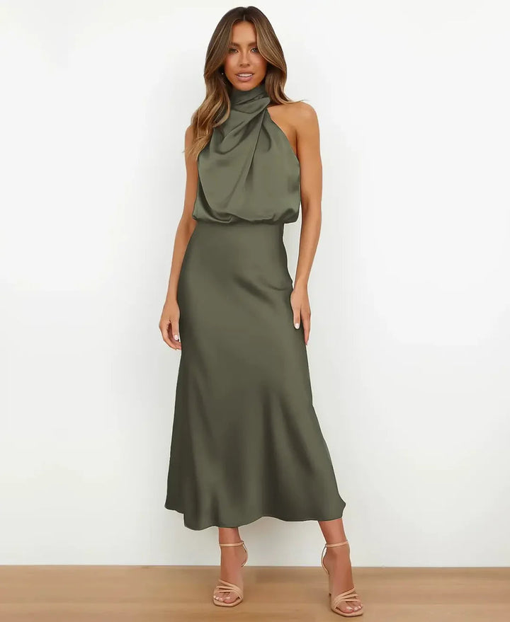Thessaly │ Women's Satin Halter Neck Draped Midi Dress With Open Back