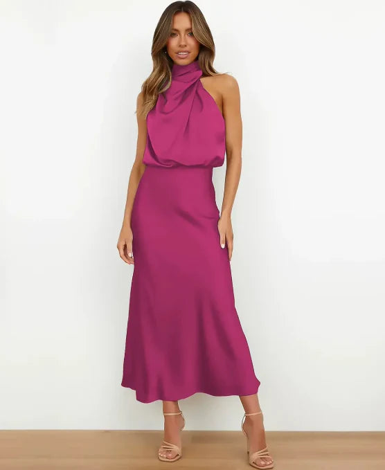 Thessaly │ Women's Satin Halter Neck Draped Midi Dress With Open Back
