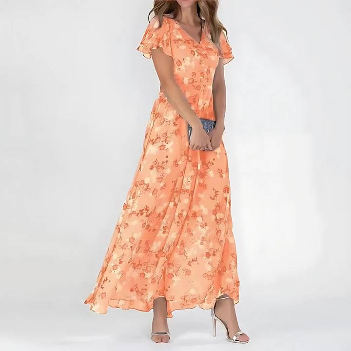Elowen │ Women's Floral Print V-Neck Maxi Summer Dress With Flutter Sleeves