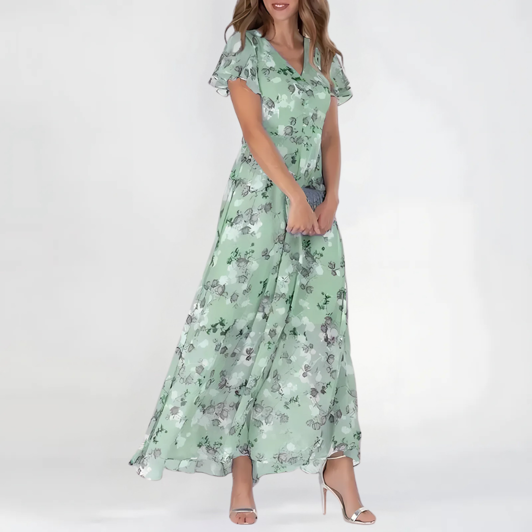 Elowen │ Women's Floral Print V-Neck Maxi Summer Dress With Flutter Sleeves