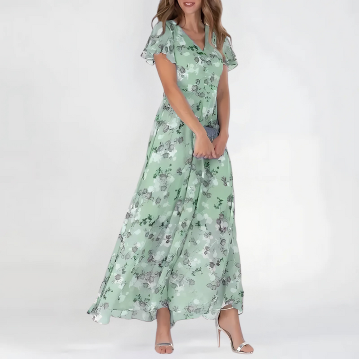 Elowen │ Women's Floral Print V-Neck Maxi Summer Dress With Flutter Sleeves