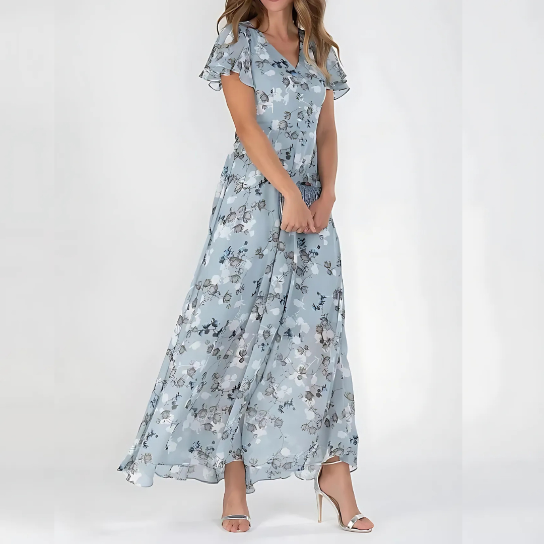 Elowen │ Women's Floral Print V-Neck Maxi Summer Dress With Flutter Sleeves