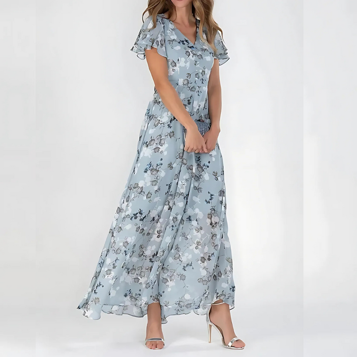 Elowen │ Women's Floral Print V-Neck Maxi Summer Dress With Flutter Sleeves