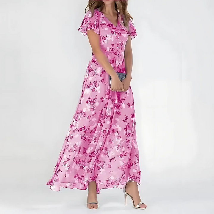 Elowen │ Women's Floral Print V-Neck Maxi Summer Dress With Flutter Sleeves