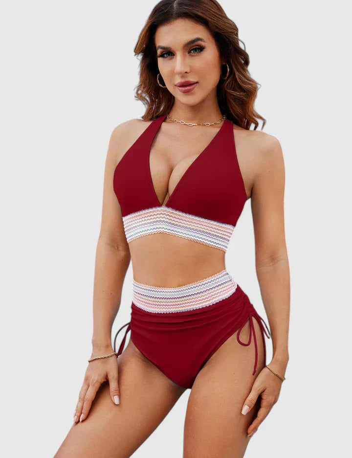 Edith │ Women's Deep V-Neck High Waist Bikini Swimwear With Mesh Panel