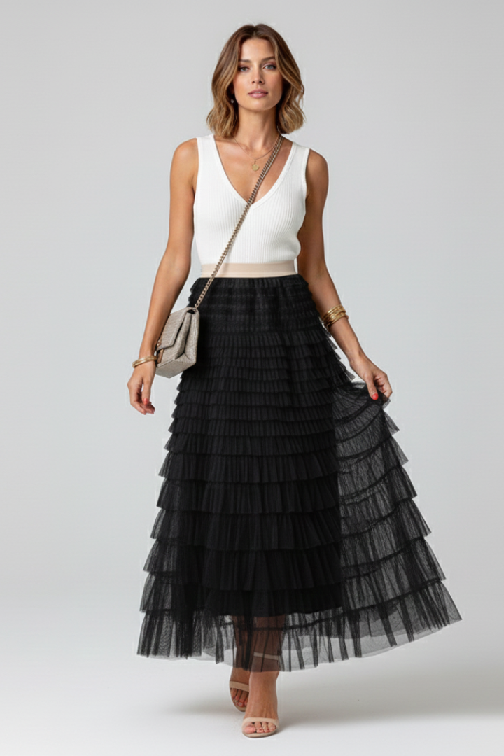 Naomi │ Women's Tiered Tulle Midi Skirt With Elasticated Waistband