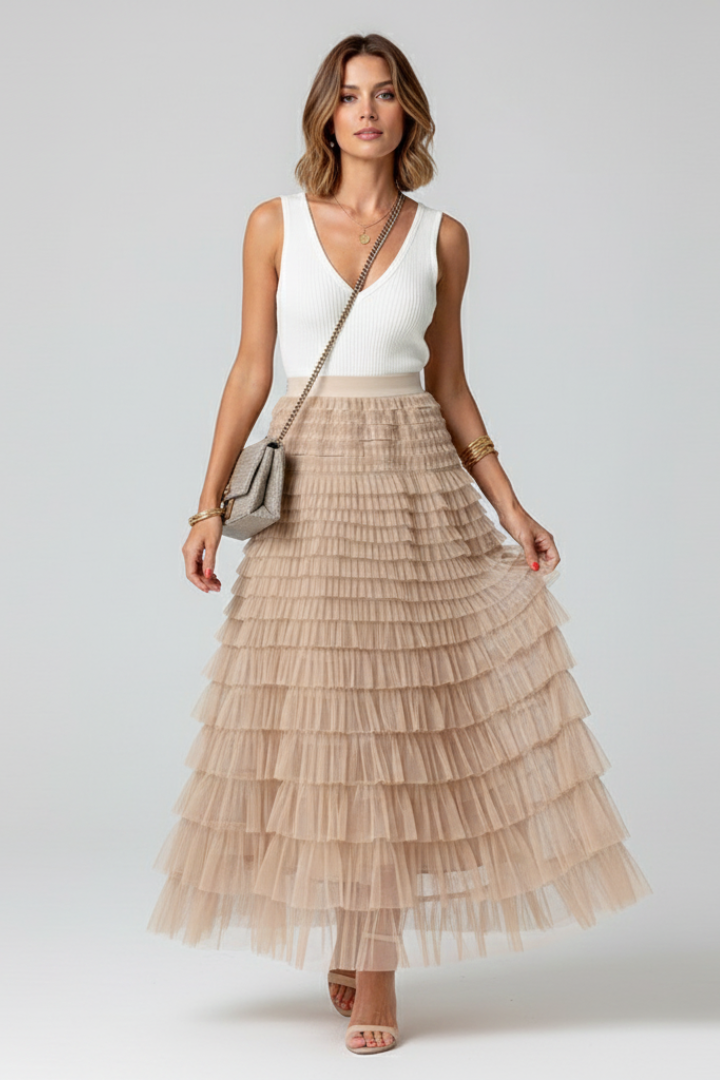Naomi │ Women's Tiered Tulle Midi Skirt With Elasticated Waistband