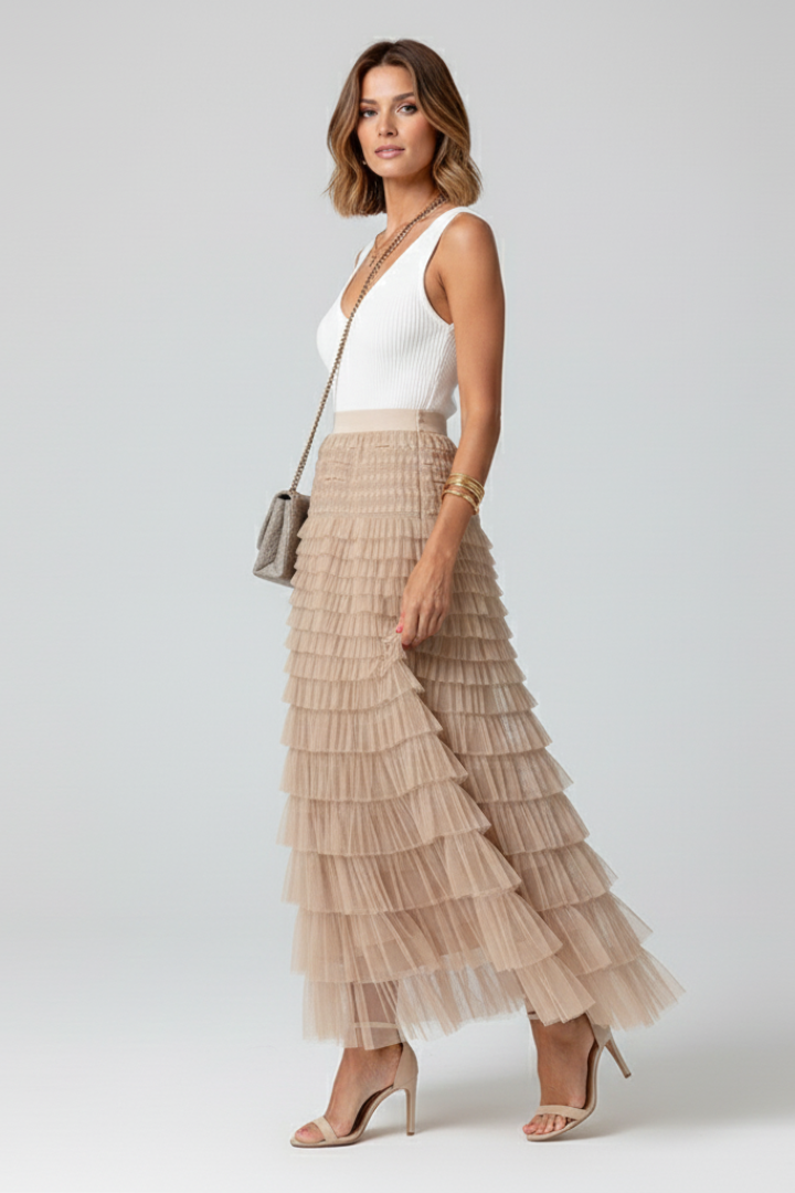 Naomi │ Women's Tiered Tulle Midi Skirt With Elasticated Waistband