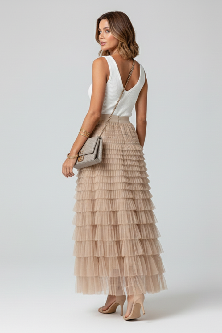 Naomi │ Women's Tiered Tulle Midi Skirt With Elasticated Waistband