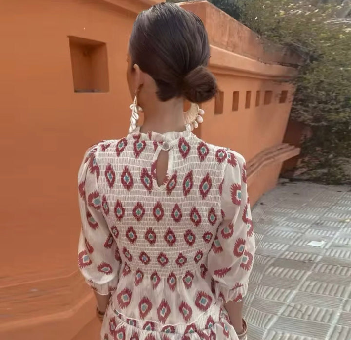 Elowen │ Women's Geometric Print Smocked Bodice Mini Summer Dress With Ruffle Hem