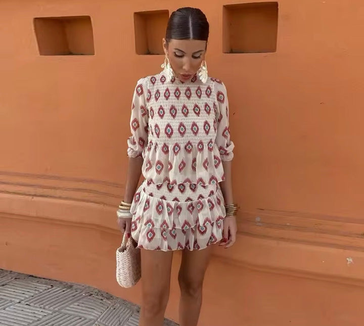 Elowen │ Women's Geometric Print Smocked Bodice Mini Summer Dress With Ruffle Hem