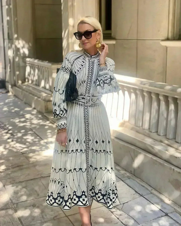 Cordelia │ Women's Geometric Print A-Line Midi Dress With Long Sleeves And Belt