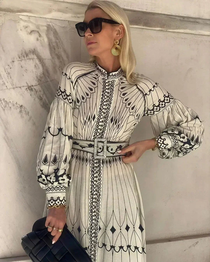Cordelia │ Women's Geometric Print A-Line Midi Dress With Long Sleeves And Belt