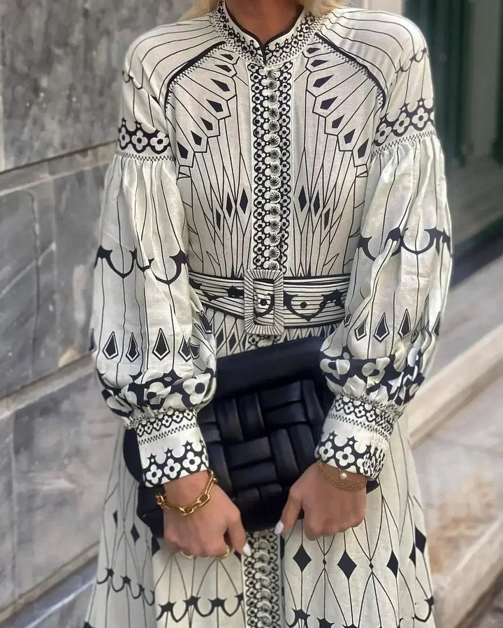 Cordelia │ Women's Geometric Print A-Line Midi Dress With Long Sleeves And Belt