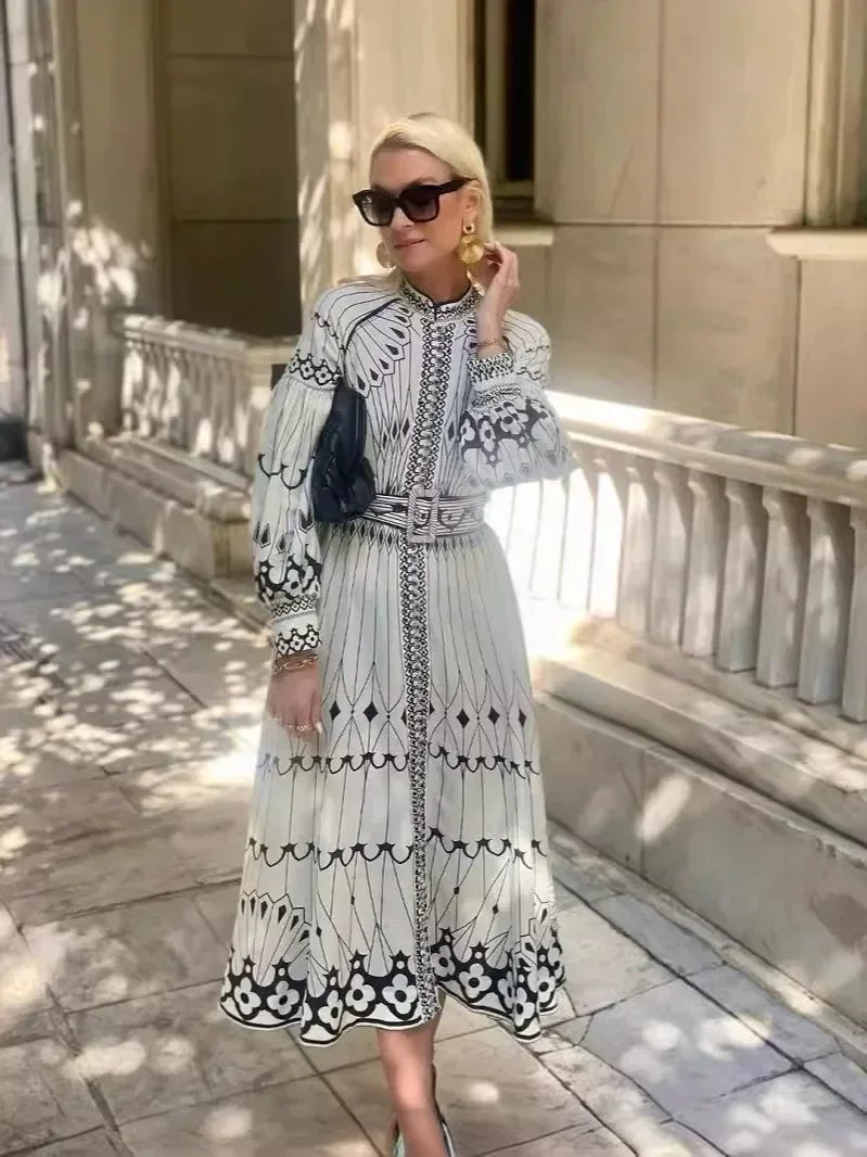 Cordelia │ Women's Geometric Print A-Line Midi Dress With Long Sleeves And Belt