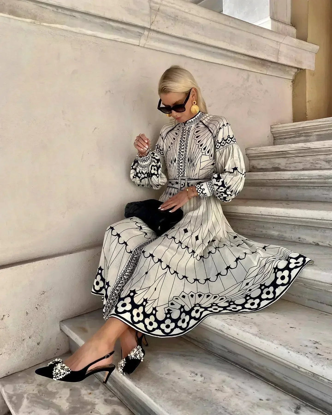 Cordelia │ Women's Geometric Print A-Line Midi Dress With Long Sleeves And Belt