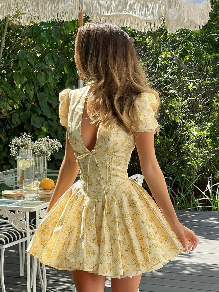 Elowen │ Women's Floral Print Puff Sleeve Mini Summer Dress With Open Back