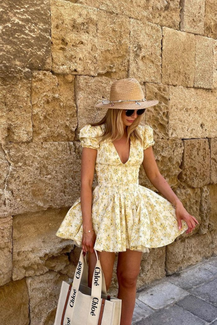 Elowen │ Women's Floral Print Puff Sleeve Mini Summer Dress With Open Back