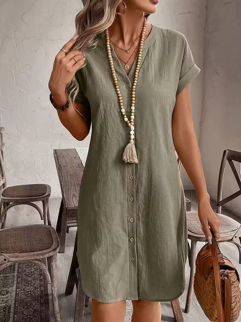 Matilda | Women's V-Neck Button-Through Short Sleeve Midi Shirt Dress