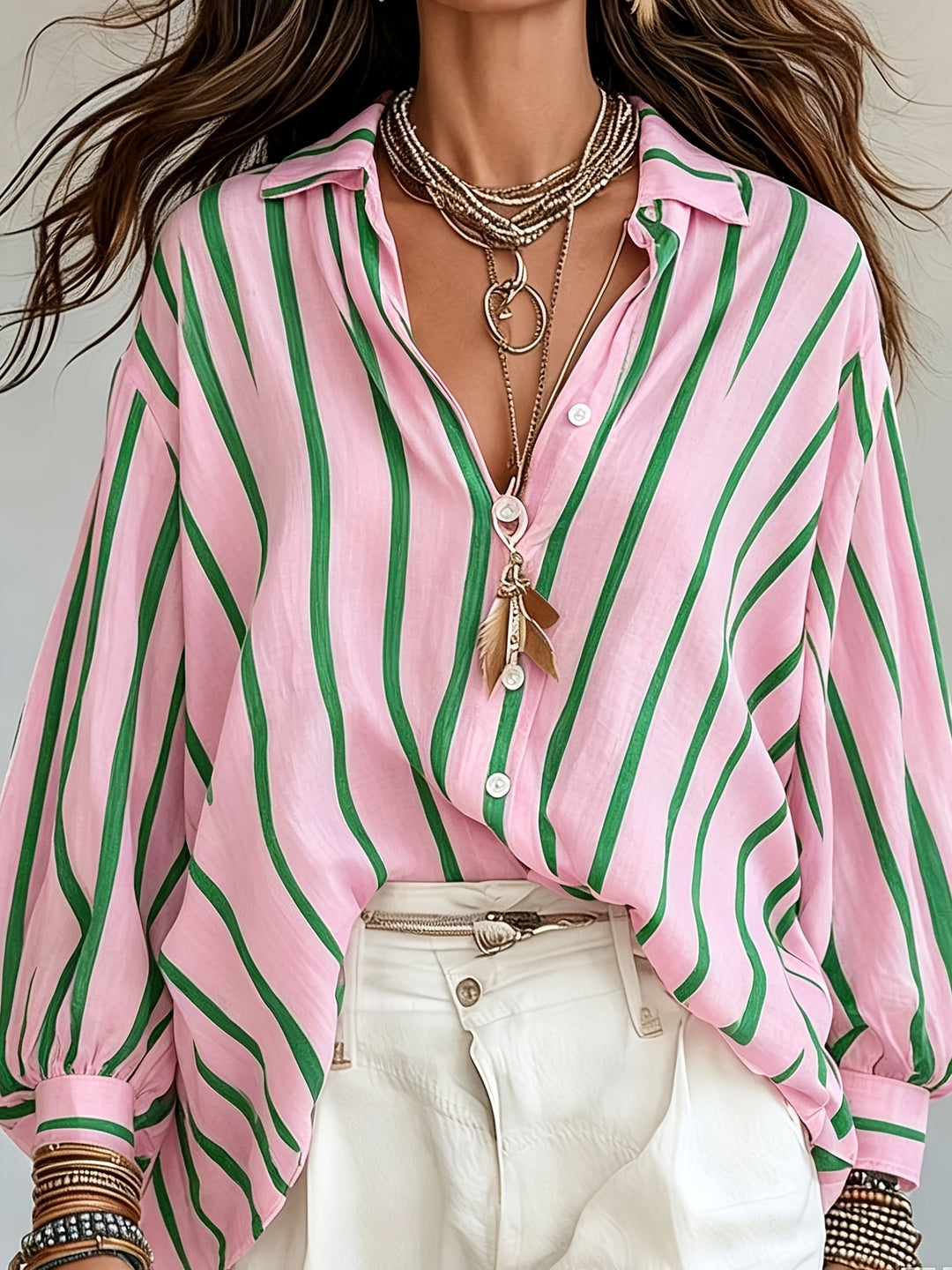 Vera │ Women's Stripe Print Long Sleeve Button Front Shirt