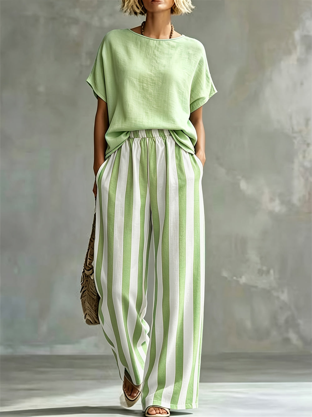 Florence | Women's Striped Wide-Leg Trouser Crew Neck Co-ord Set