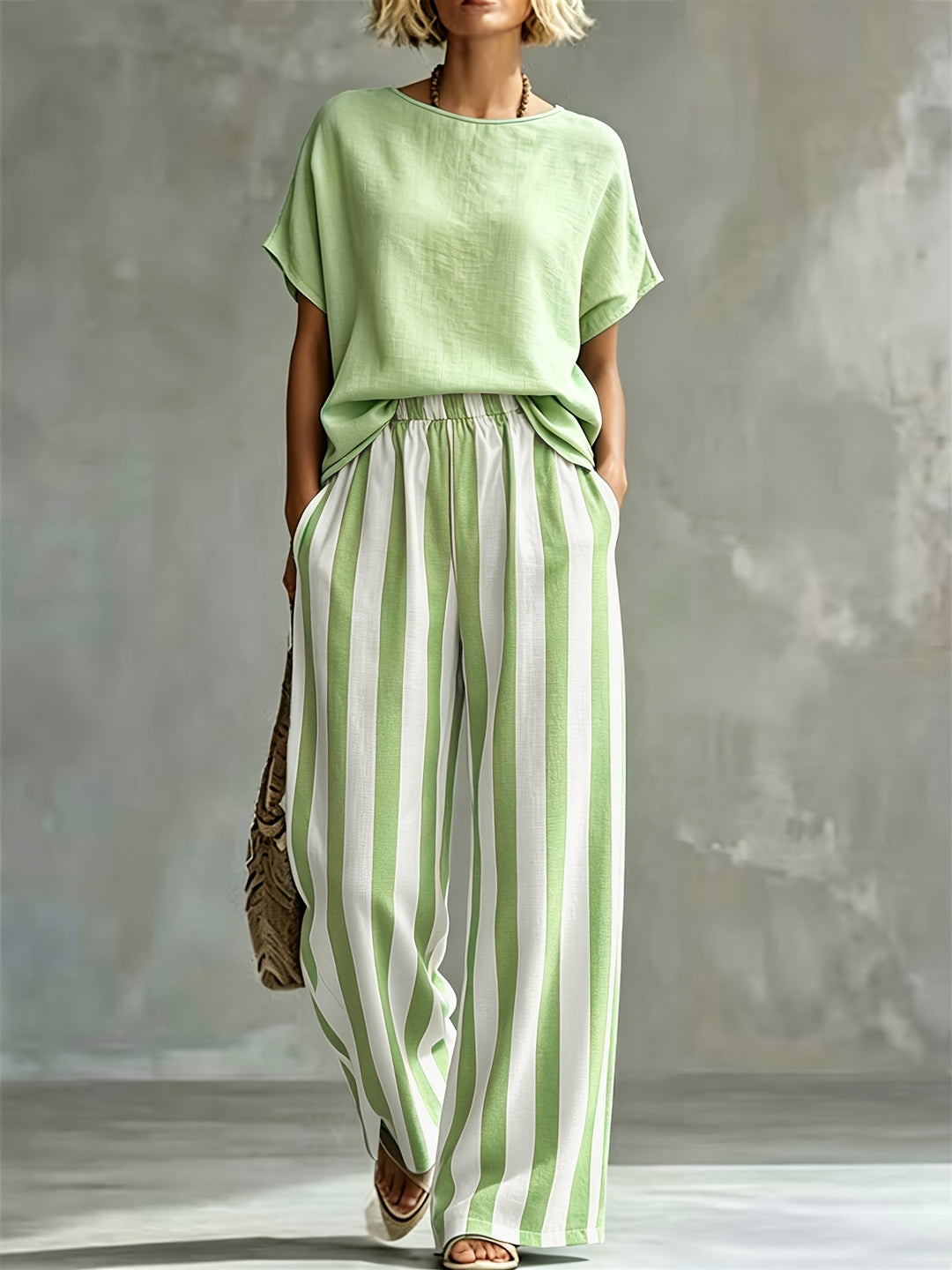 Florence | Women's Striped Wide-Leg Trouser Crew Neck Co-ord Set
