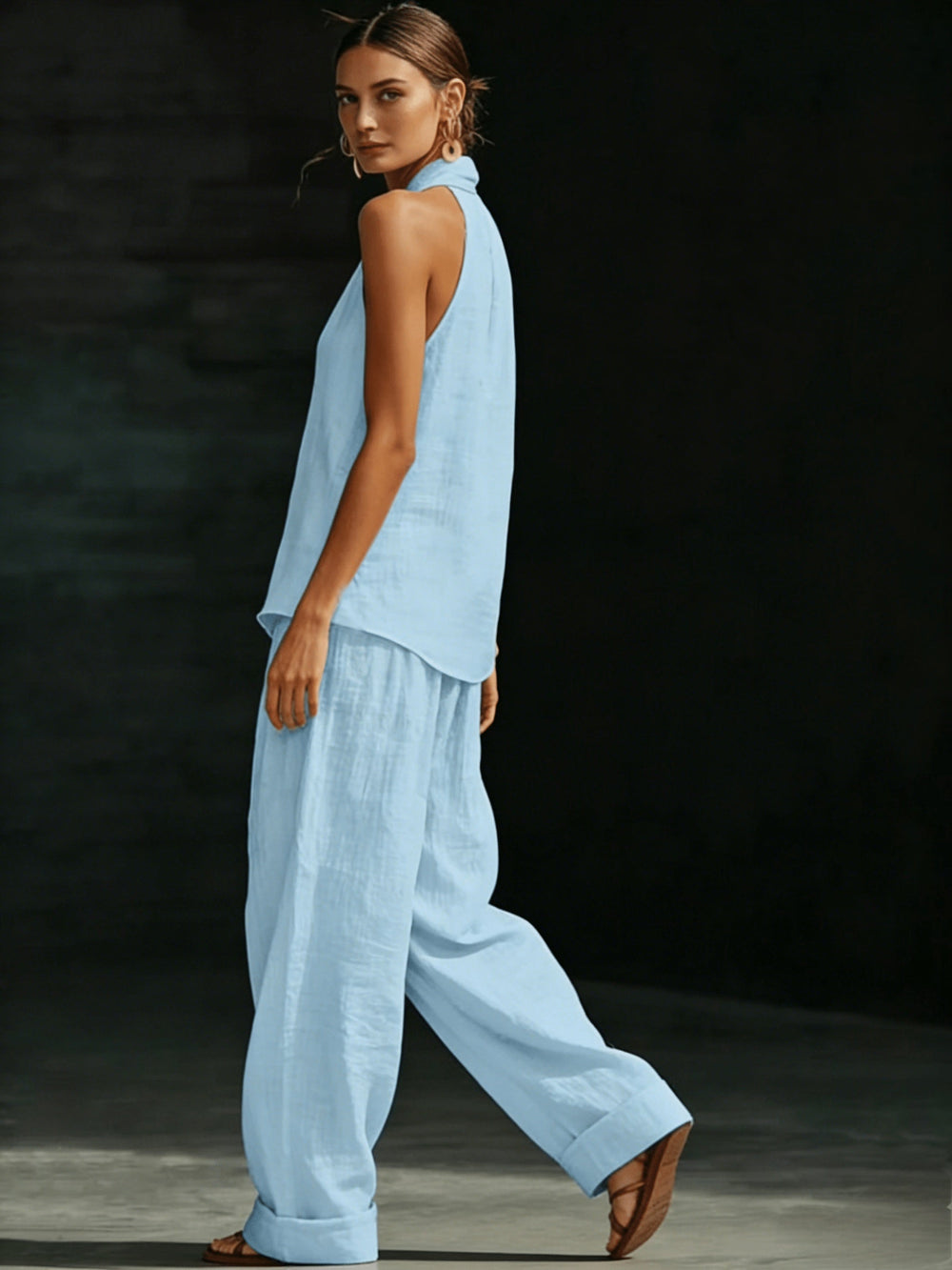Aria | Women's Halter Neck V-Neck Linen Wide-Leg Co-ord Set