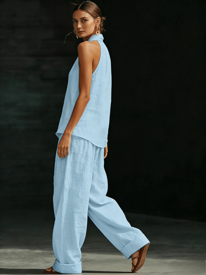 Aria | Women's Halter Neck V-Neck Linen Wide-Leg Co-ord Set