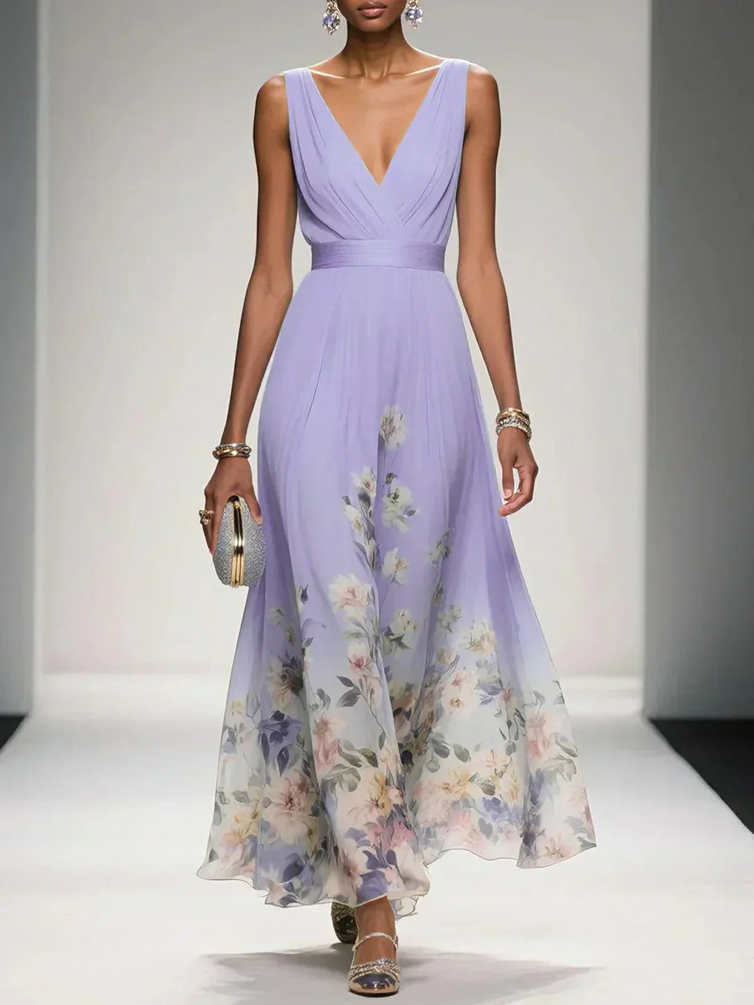 Grace | Women's V-Neck Ruched Bodice Floral Border Maxi Dress