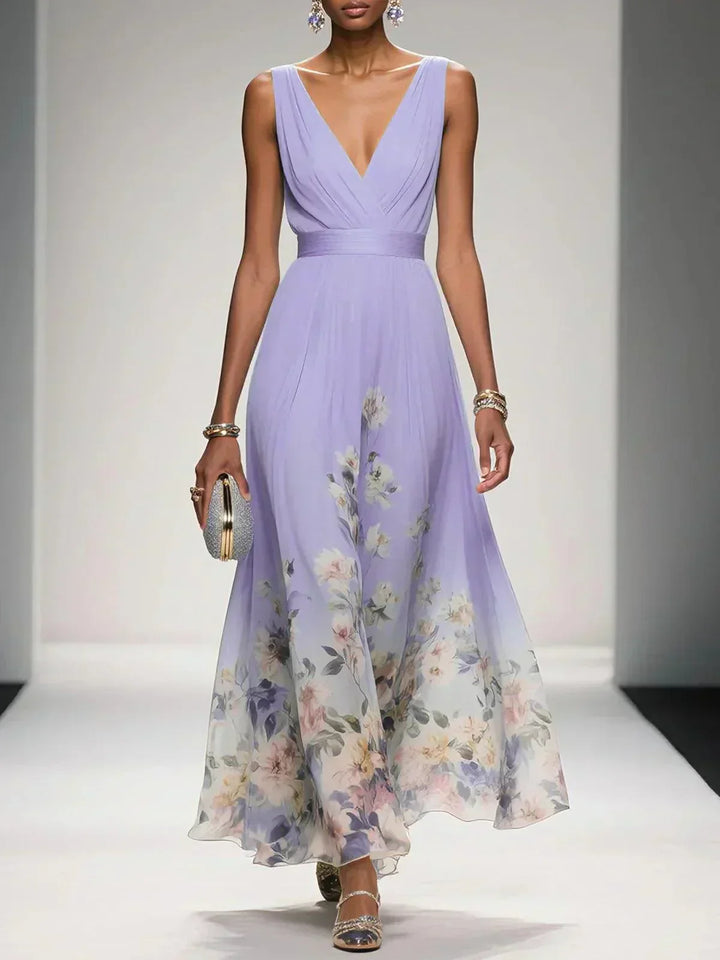 Grace | Women's V-Neck Ruched Bodice Floral Border Maxi Dress