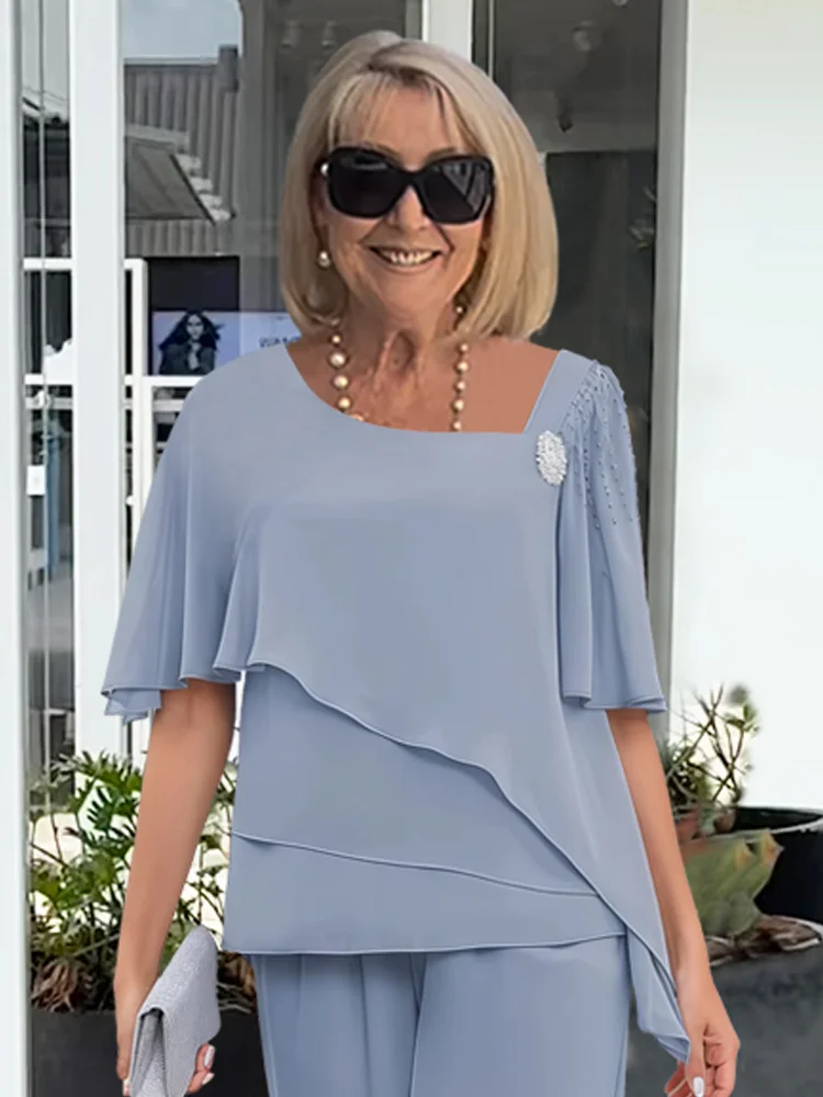 Seraphina │ Women's Chiffon Layered Top And Wide-Leg Trousers Two-Piece Set