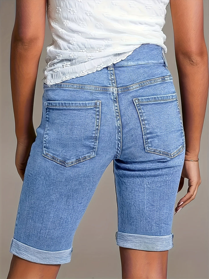 Ivy | Women's High-Waisted Double Button Cuffed Bermuda Denim Shorts