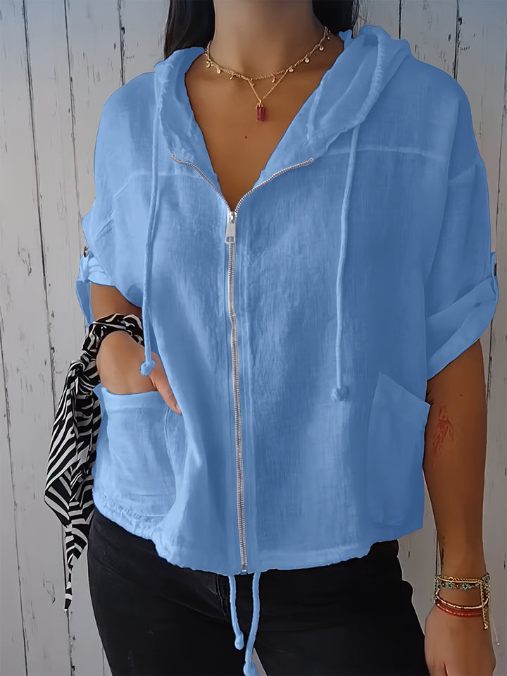 Harriet │ Women's Hooded Short Sleeve Zip Front Top