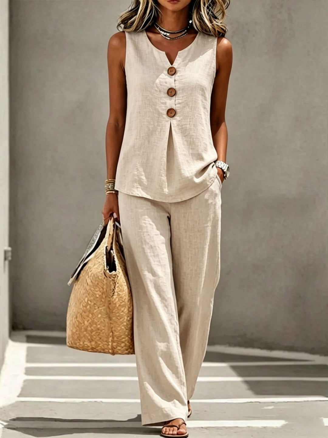 Daisy │ Women's Sleeveless Button Front Top And Wide Leg Trousers Two Piece Set