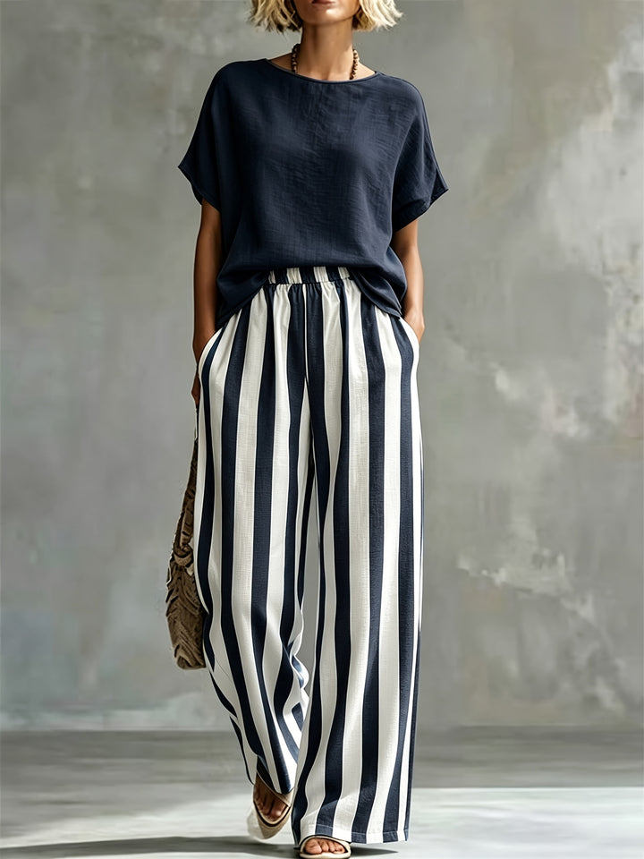 Florence | Women's Striped Wide-Leg Trouser Crew Neck Co-ord Set
