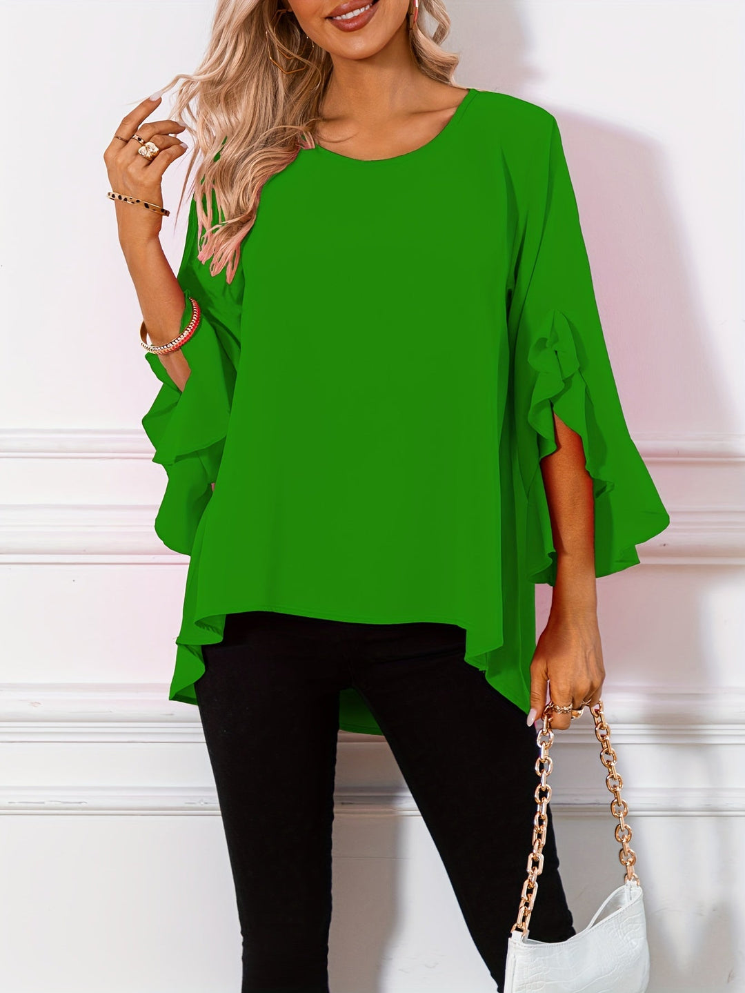 Corinna │ Women's Three-Quarter Sleeve Peplum Blouse With Ruffle Detail