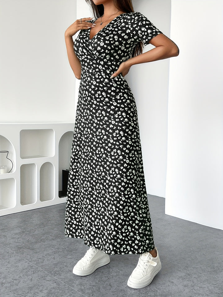 Leona │ Women's Floral Print V-Neck Maxi Dress With Short Sleeves For Summer