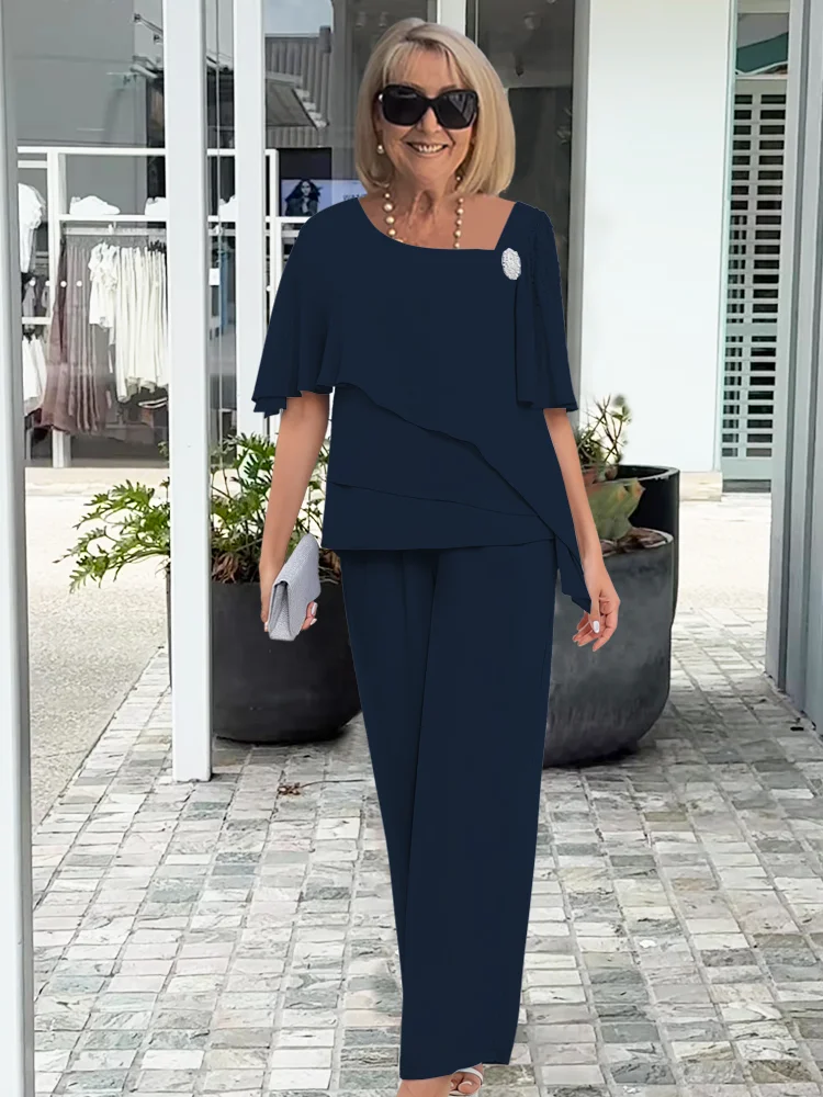 Seraphina │ Women's Chiffon Layered Top And Wide-Leg Trousers Two-Piece Set
